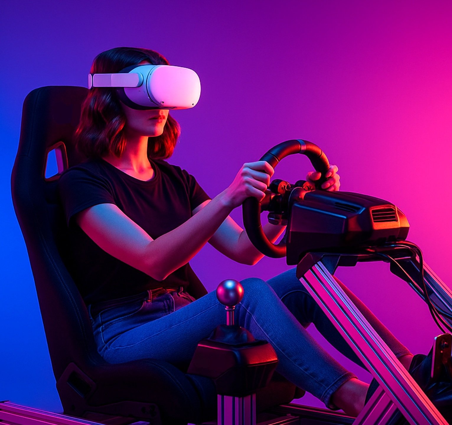 Persona usando un simulador de manejo con gafas de Realidad Virtual